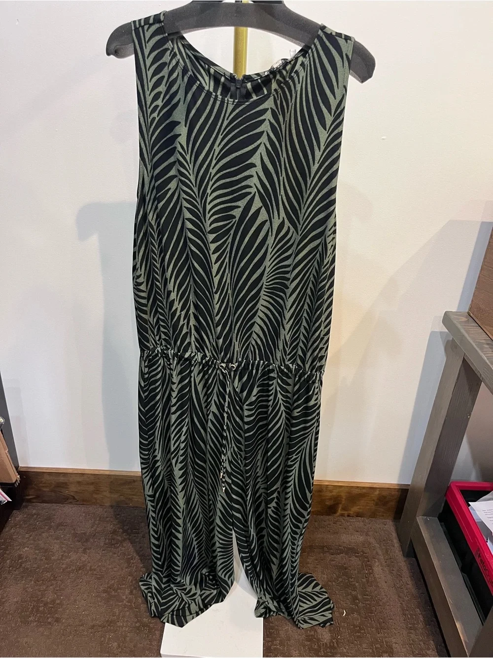 Chico's Olive Green and Black Leaf-Print Jumpsuit